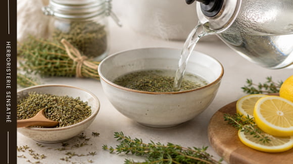 Préparation d'une inhalation au thym pour soulager le nez bouché et les bronches encombrées - Herboristerie Sensathé